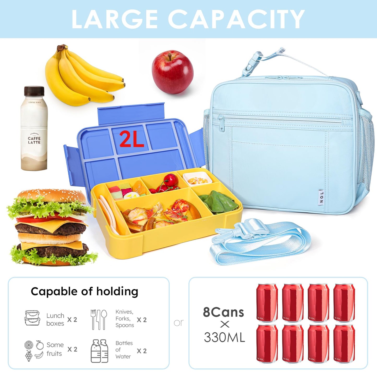 NOL Nylon Waterproof Kids Lunch Bag, Insulated Lunch Bag, Lunch box Cooler, Reusable, Zip Closure with Buckle Handle Holds Lunch Box, Snacks & Water Bottle for School Work, Cream