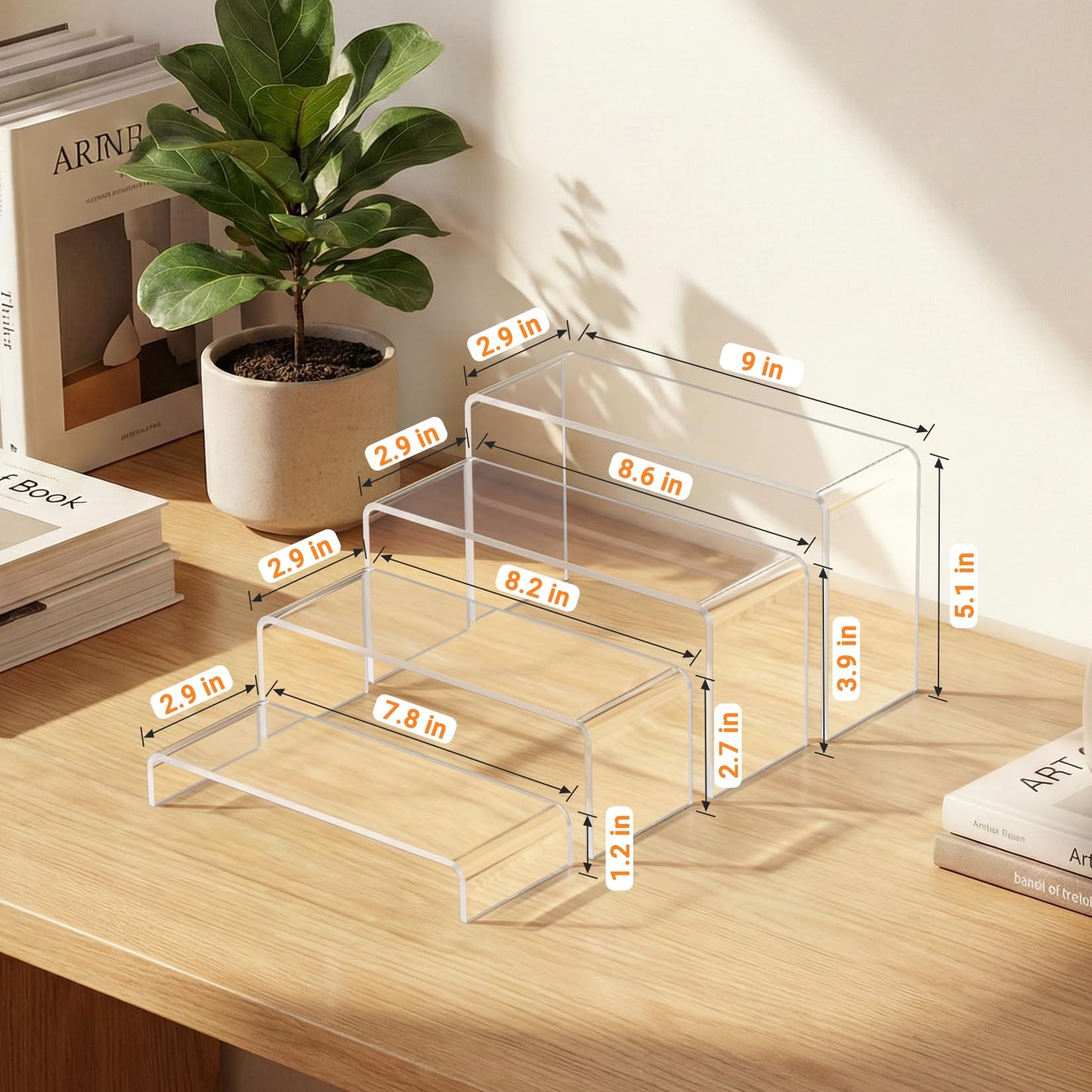 FUNFERY Acrylic Display Risers,2 Sets(7.8" L~8.2" L~8.6" L) Display Stand Shelf for Figure,Collectibles,Cupcake,Clear Acrylic Risers for Displays Case Cabinet,Dessert Table,Shelf Riser for Decor,Food