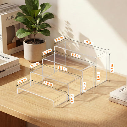 FUNFERY Acrylic Display Risers,2 Sets(7.8" L~8.2" L~8.6" L) Display Stand Shelf for Figure,Collectibles,Cupcake,Clear Acrylic Risers for Displays Case Cabinet,Dessert Table,Shelf Riser for Decor,Food
