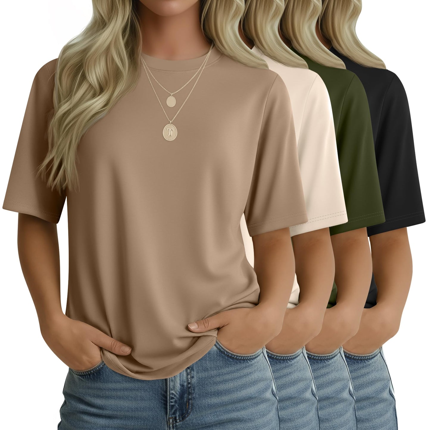 4 Pack Women's Half Sleeve T Shirts 1/2 Sleeve Basic Crew Neck Tops Elbow Length Casual Loose Fit Summer Tees
