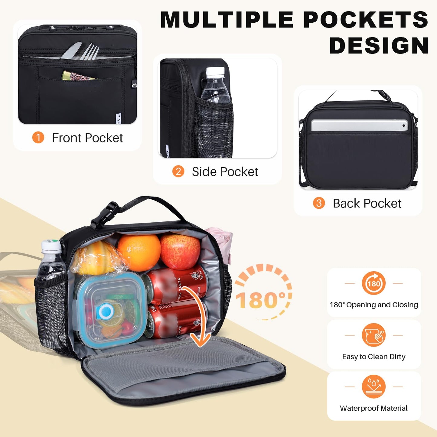 NOL Nylon Waterproof Kids Lunch Bag, Insulated Lunch Bag, Lunch box Cooler, Reusable, Zip Closure with Buckle Handle Holds Lunch Box, Snacks & Water Bottle for School Work, Cream