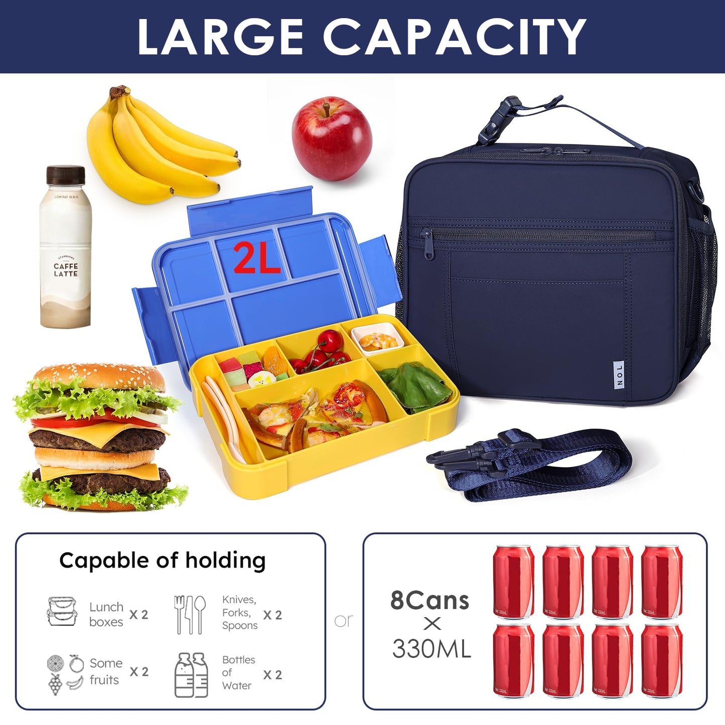 NOL Nylon Waterproof Kids Lunch Bag, Insulated Lunch Bag, Lunch box Cooler, Reusable, Zip Closure with Buckle Handle Holds Lunch Box, Snacks & Water Bottle for School Work, Cream