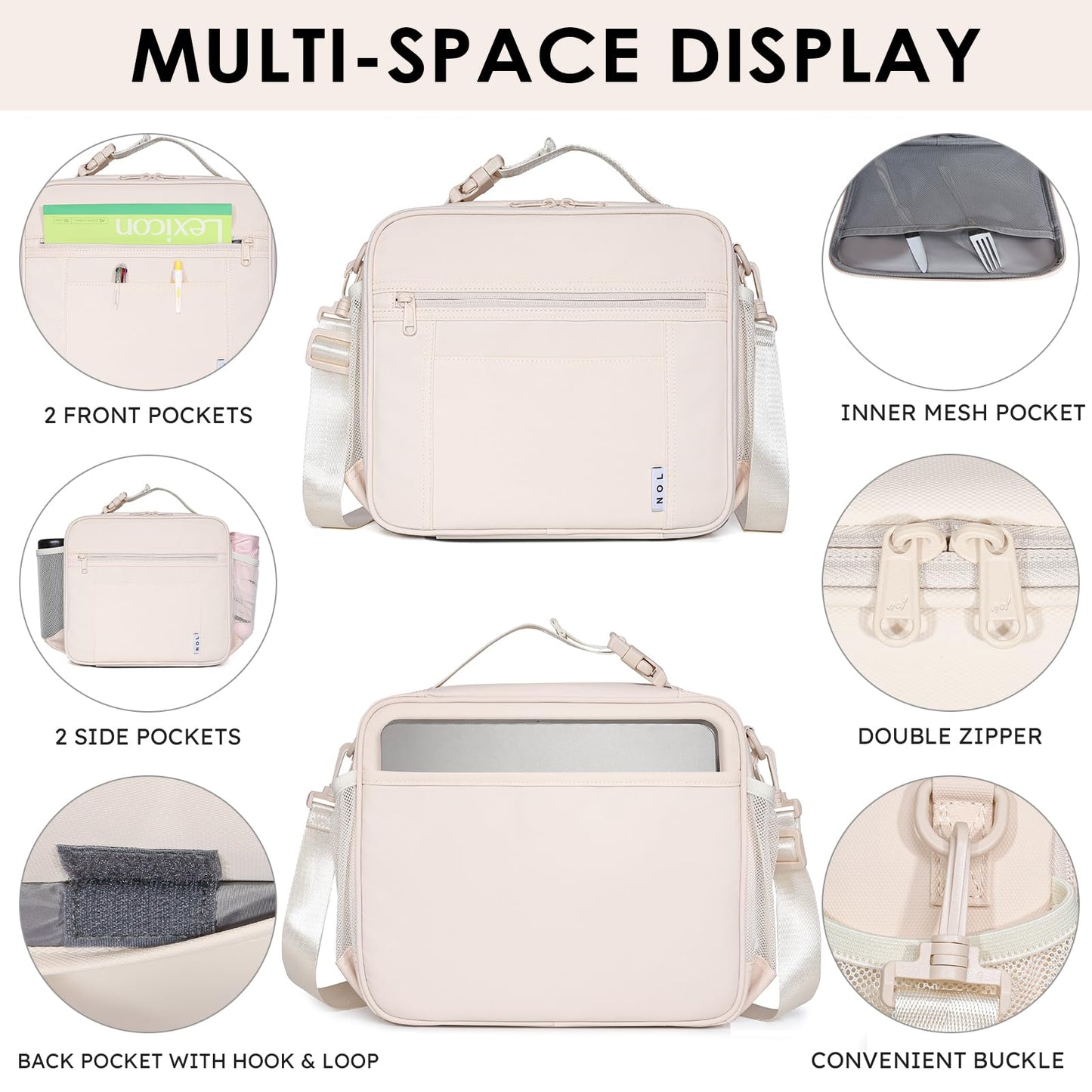 NOL Nylon Waterproof Kids Lunch Bag, Insulated Lunch Bag, Lunch box Cooler, Reusable, Zip Closure with Buckle Handle Holds Lunch Box, Snacks & Water Bottle for School Work, Cream
