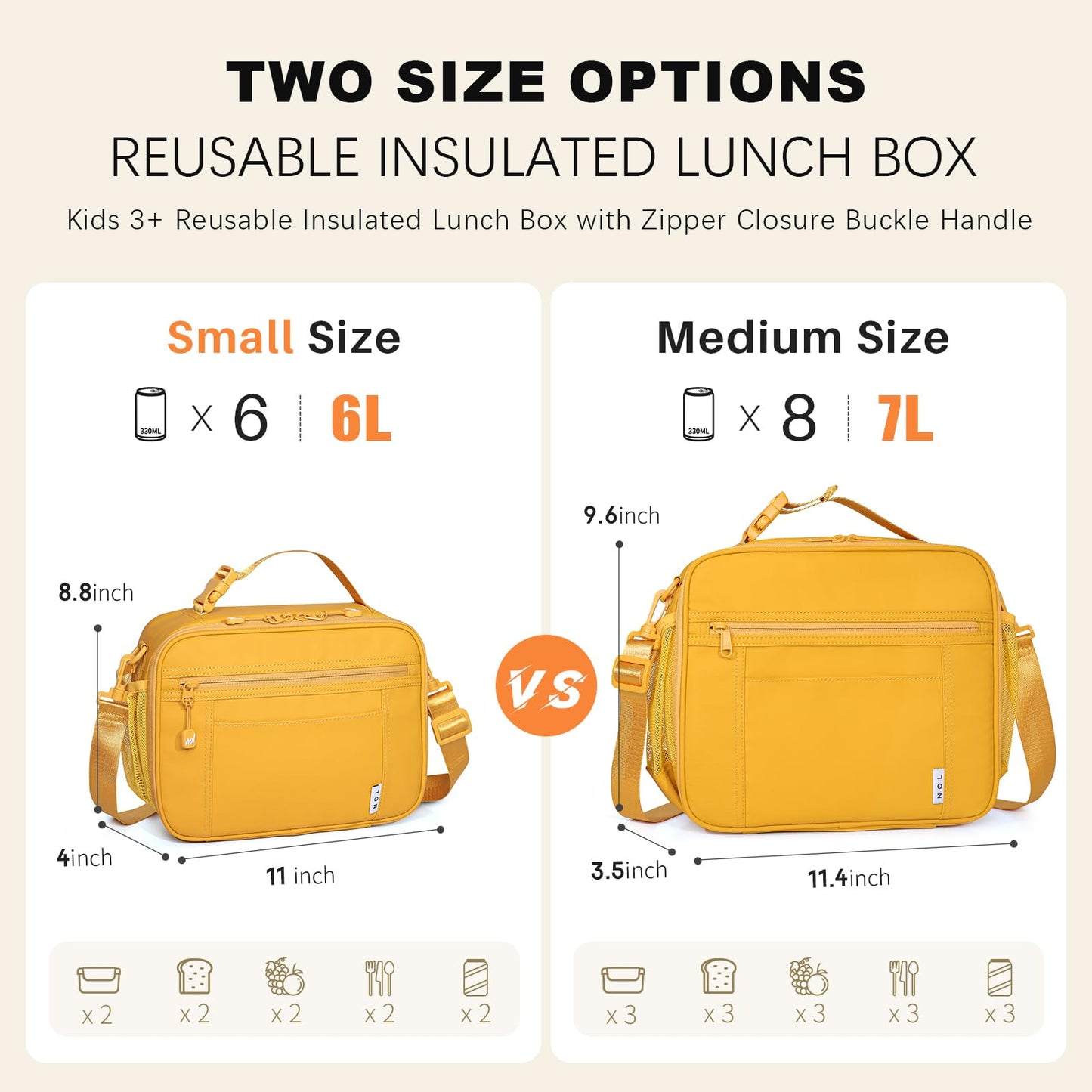 NOL Nylon Waterproof Kids Lunch Bag, Insulated Lunch Bag, Lunch box Cooler, Reusable, Zip Closure with Buckle Handle Holds Lunch Box, Snacks & Water Bottle for School Work, Cream