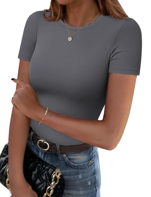 Zeagoo Women Crewneck Slim Fitted Short Sleeve T Shirts Cute Stretchy Bodycon Basic Tee Tops