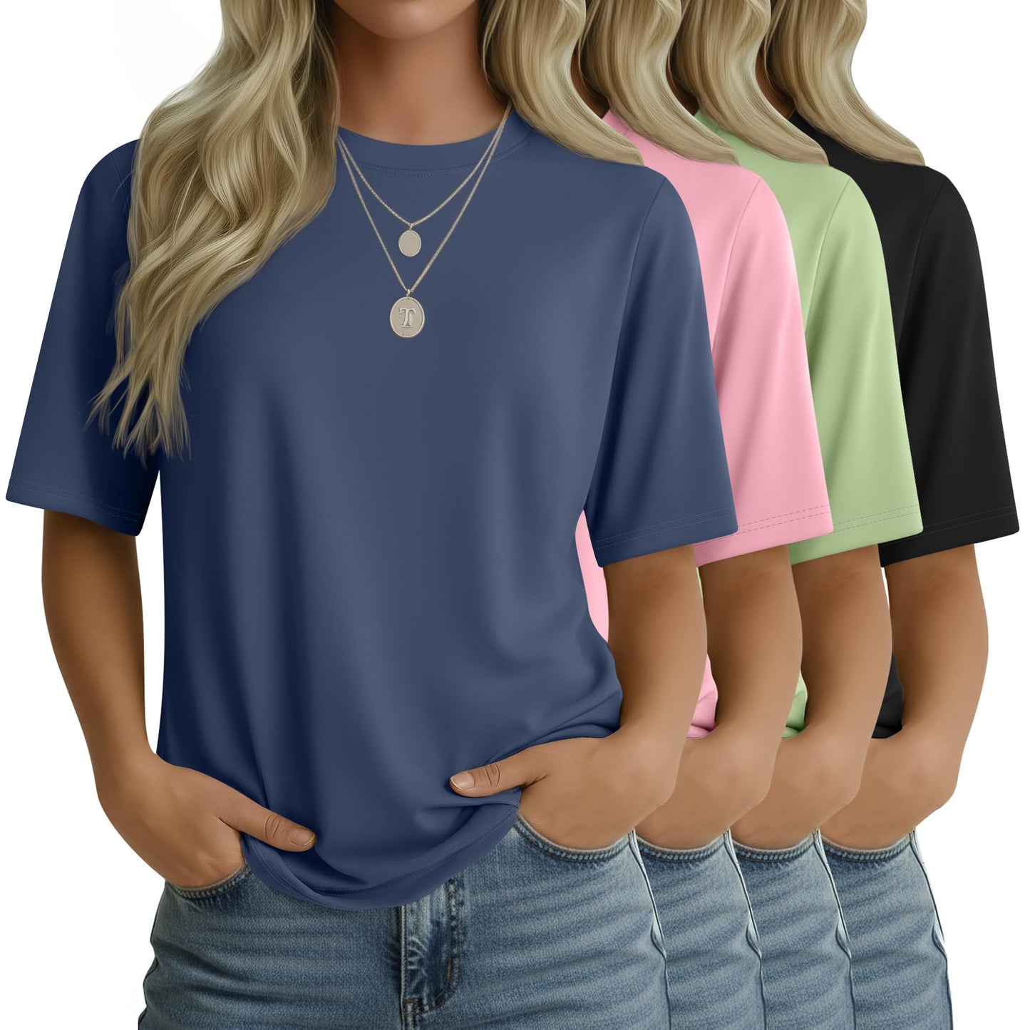 4 Pack Women's Half Sleeve T Shirts 1/2 Sleeve Basic Crew Neck Tops Elbow Length Casual Loose Fit Summer Tees