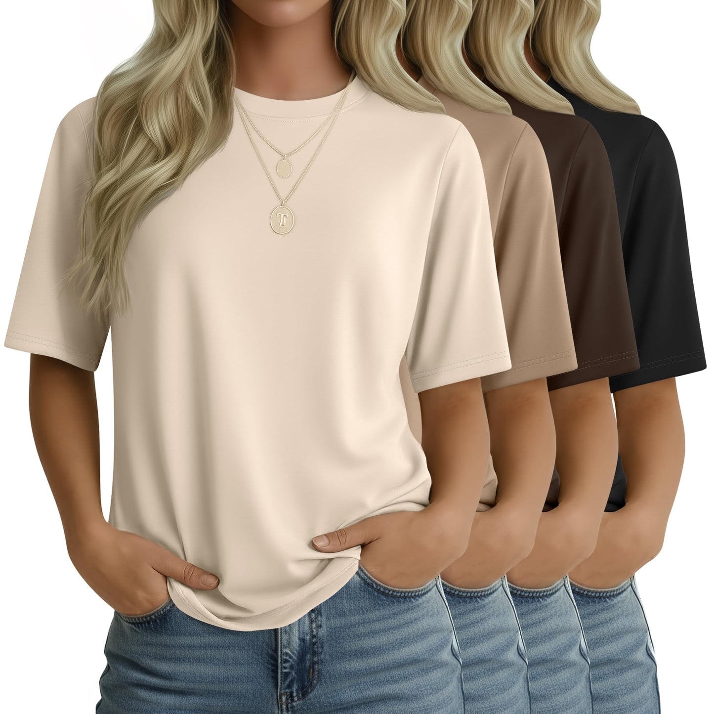 4 Pack Women's Half Sleeve T Shirts 1/2 Sleeve Basic Crew Neck Tops Elbow Length Casual Loose Fit Summer Tees