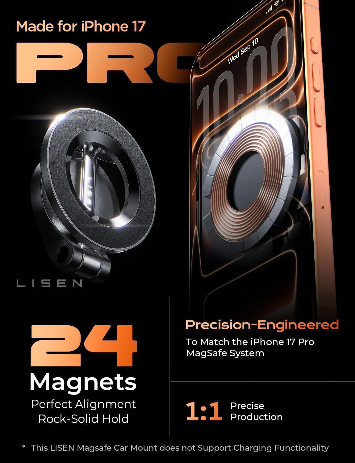 LISEN for MagSafe Car Mount for iPhone 17 Pro Max [24 Strong Magnets] Classic Magnetic Phone Holder for Car Dashboard, Magnet Phone Mount Car Cell Phone Holder for iPhone 17 Pro Max Air 16 15 14 13 12