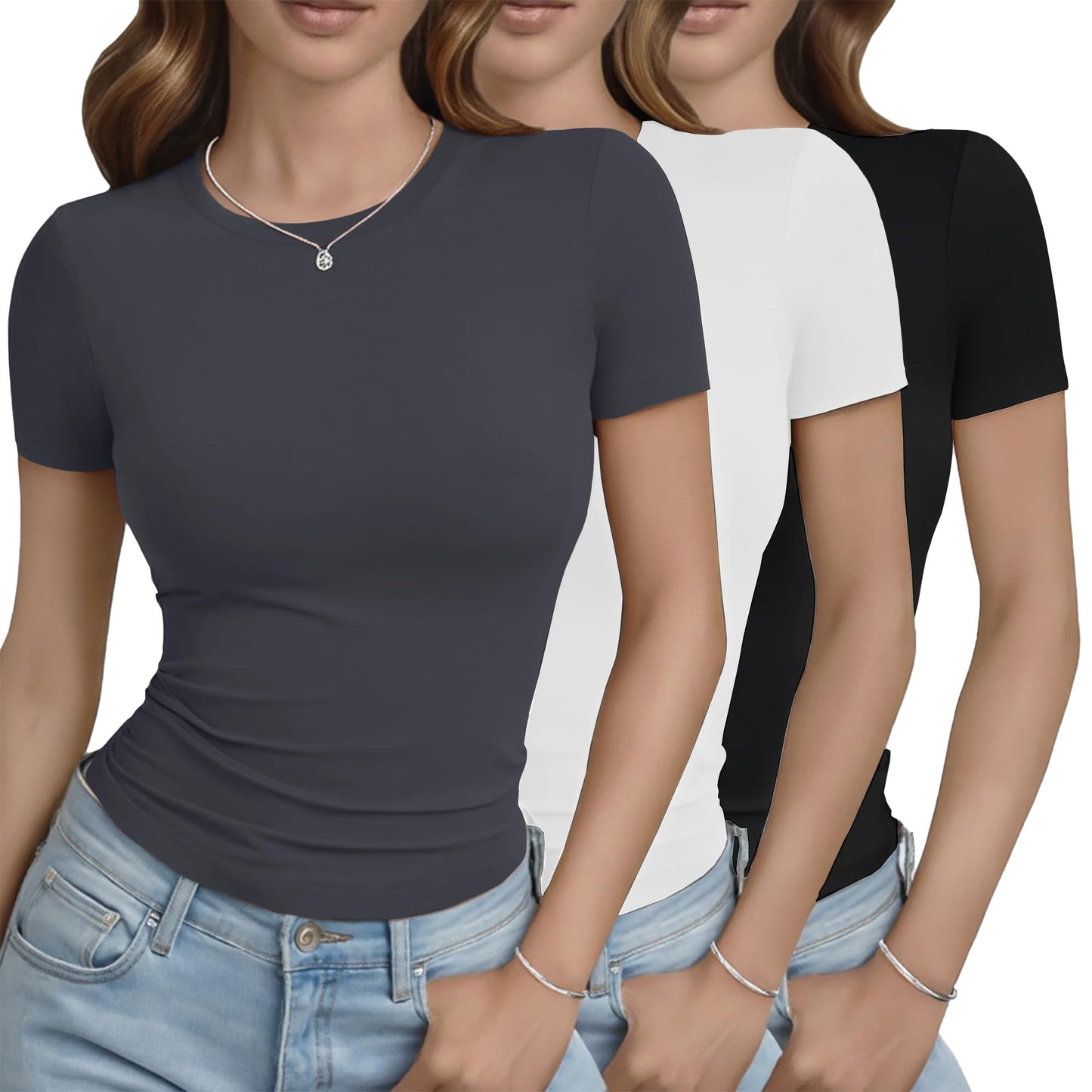 GAYHAY 3 Pack Basic Tees for Women - Crew Neck Slim Fit Tight T Shirts Cute Y2K Trendy Crop Tops Clothes for Casual Summer