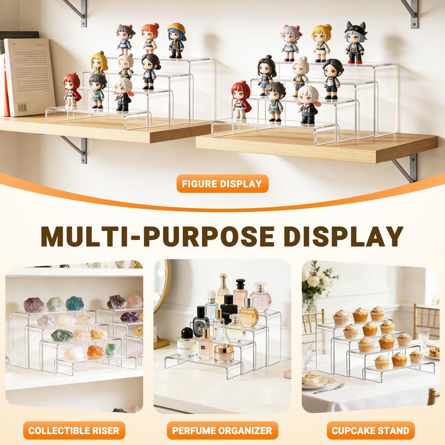 FUNFERY Acrylic Display Risers,2 Sets(7.8" L~8.2" L~8.6" L) Display Stand Shelf for Figure,Collectibles,Cupcake,Clear Acrylic Risers for Displays Case Cabinet,Dessert Table,Shelf Riser for Decor,Food