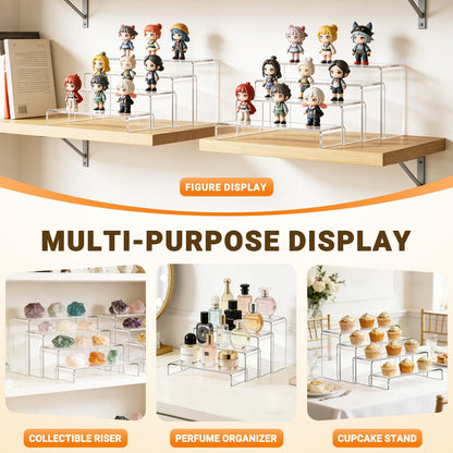 FUNFERY Acrylic Display Risers,2 Sets(7.8" L~8.2" L~8.6" L) Display Stand Shelf for Figure,Collectibles,Cupcake,Clear Acrylic Risers for Displays Case Cabinet,Dessert Table,Shelf Riser for Decor,Food