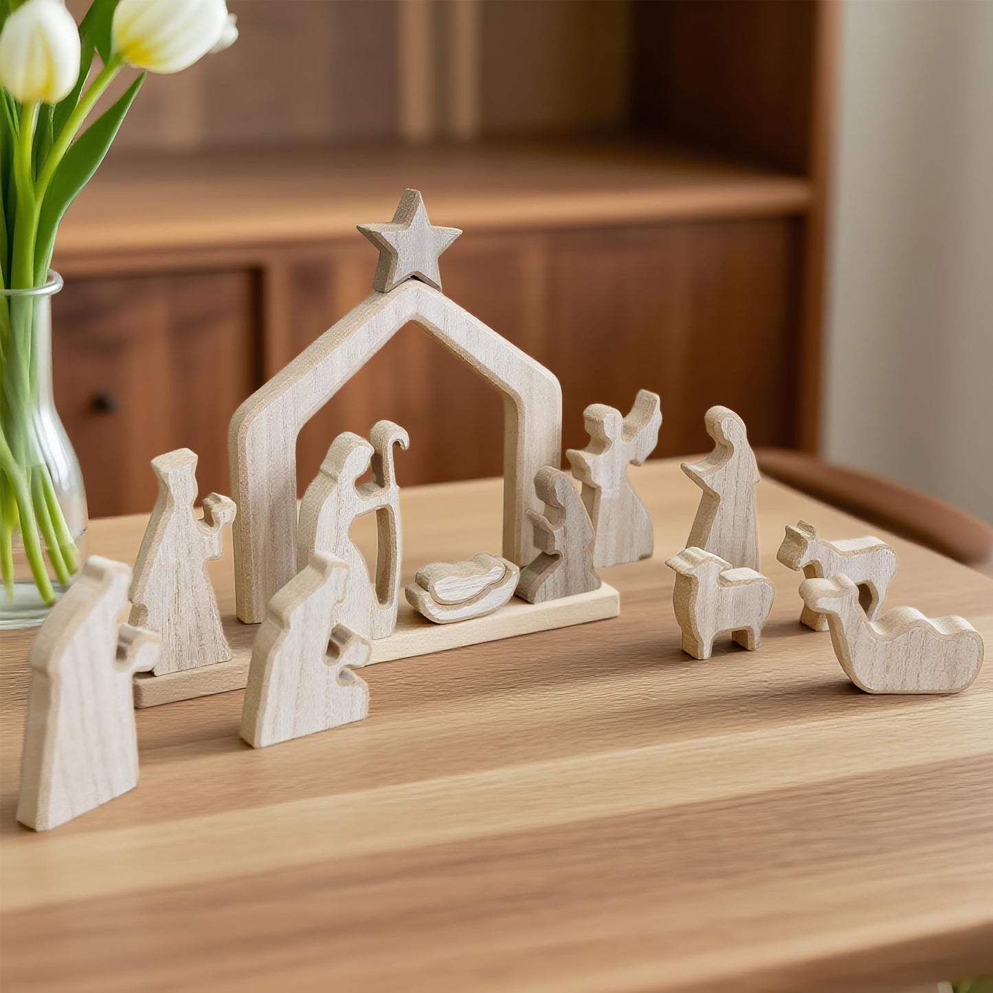 NEROSUN Empty Tomb Easter Scene and Cross Decoration, Wooden Easter Resurrection Scene Cross Jesus Tomb Tray Set, Jesus Nativity Scene Decor for Religious Home Office Tabletop Christian Gifts