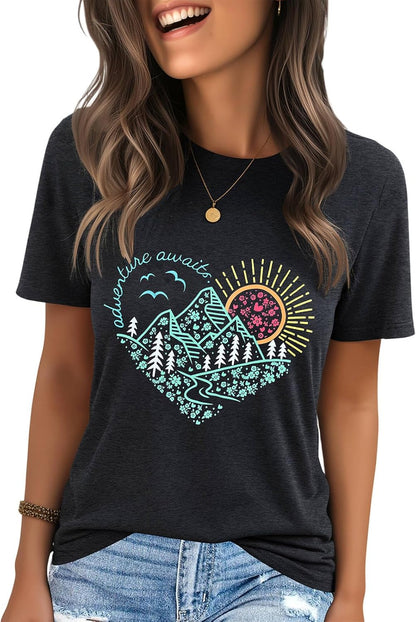 IRISGOD Womens Graphic Tees Casual Summer Short Sleeve Vintage T Shirts Tops