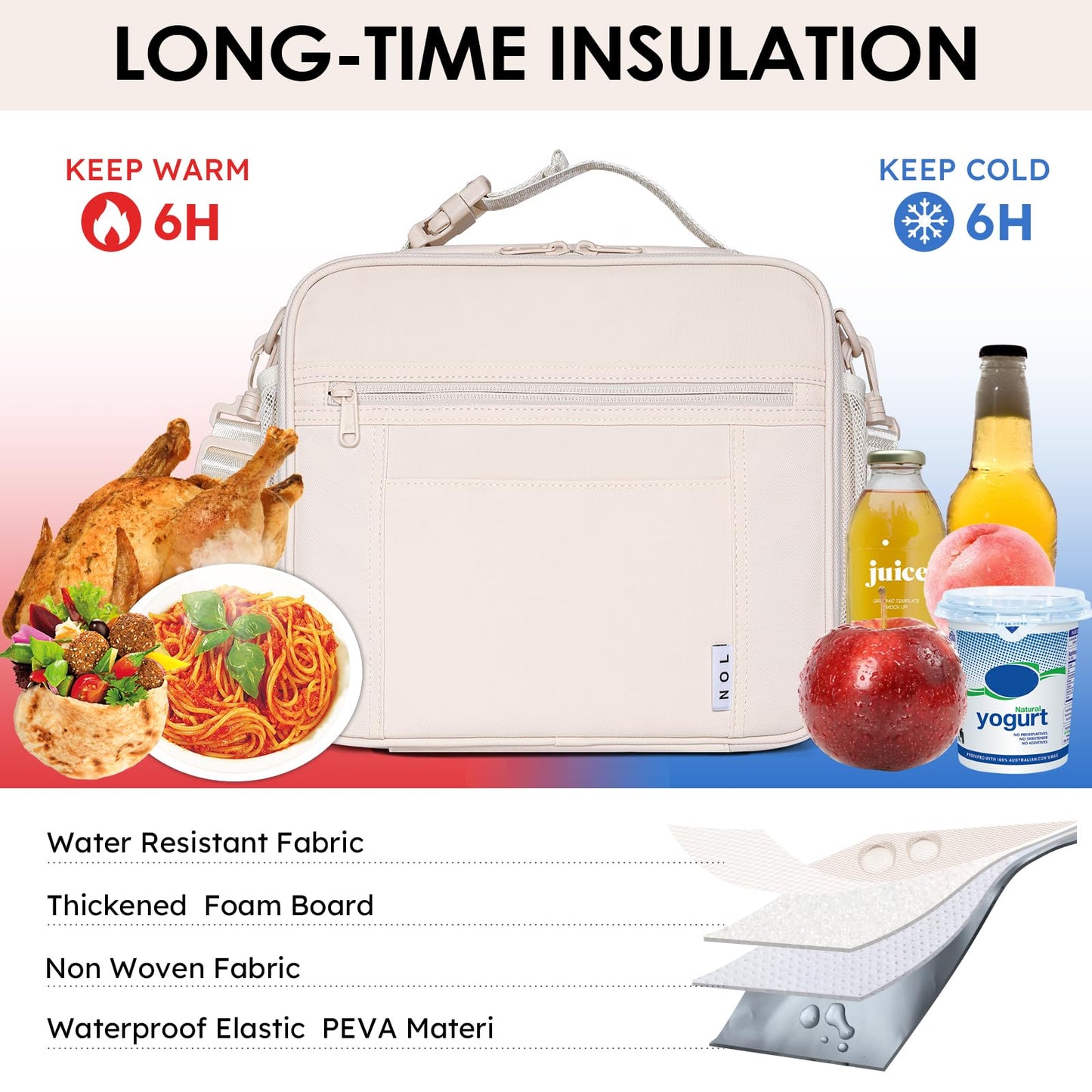 NOL Nylon Waterproof Kids Lunch Bag, Insulated Lunch Bag, Lunch box Cooler, Reusable, Zip Closure with Buckle Handle Holds Lunch Box, Snacks & Water Bottle for School Work, Cream