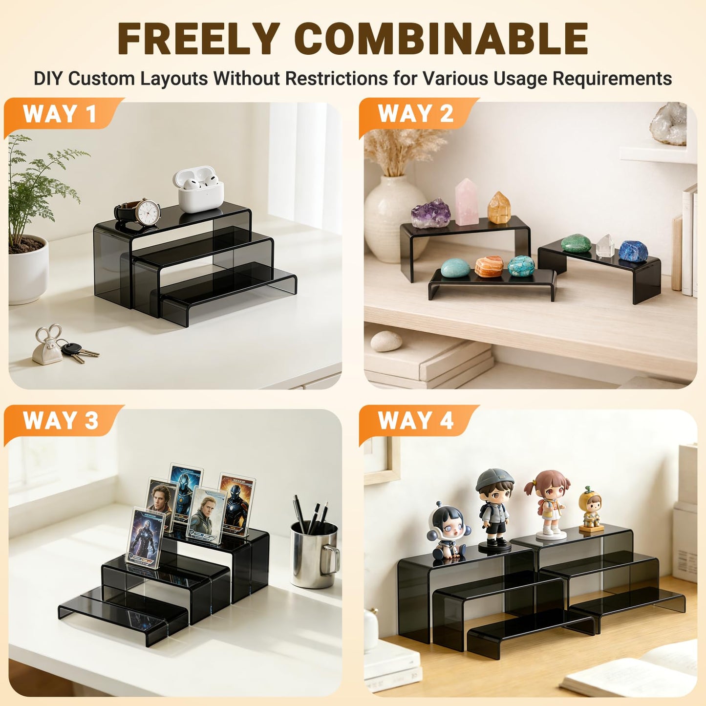 FUNFERY Acrylic Display Risers,2 Sets(7.8" L~8.2" L~8.6" L) Display Stand Shelf for Figure,Collectibles,Cupcake,Clear Acrylic Risers for Displays Case Cabinet,Dessert Table,Shelf Riser for Decor,Food