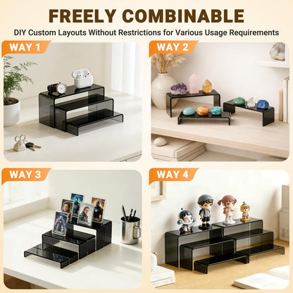 FUNFERY Acrylic Display Risers,2 Sets(7.8" L~8.2" L~8.6" L) Display Stand Shelf for Figure,Collectibles,Cupcake,Clear Acrylic Risers for Displays Case Cabinet,Dessert Table,Shelf Riser for Decor,Food