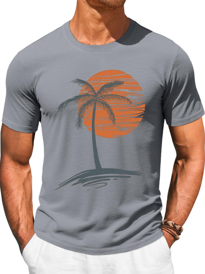 Runcati Mens Short Sleeve T-Shirts Crew Neck Casual Shirt Summer Beach Palm Tree Vintage Hawaiian Tees