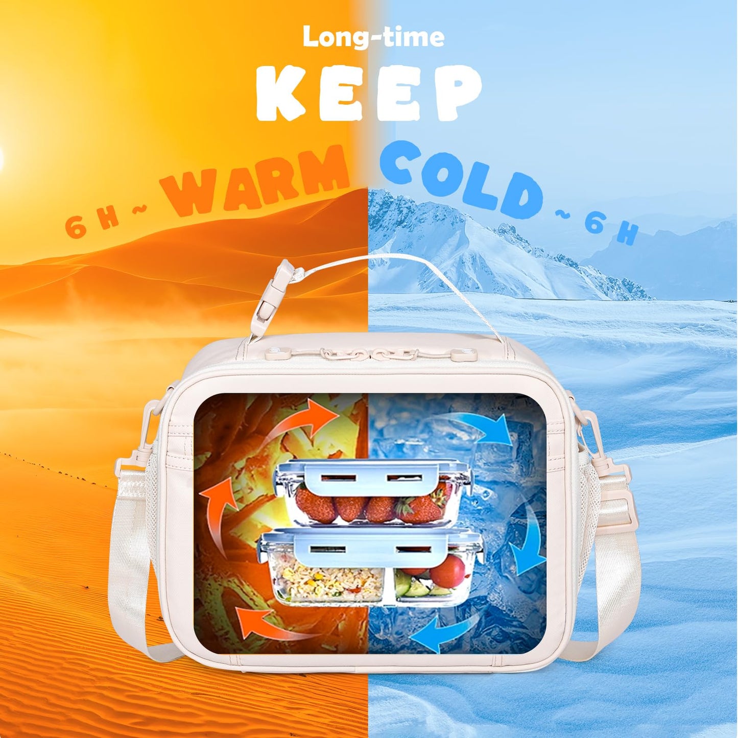 NOL Nylon Waterproof Kids Lunch Bag, Insulated Lunch Bag, Lunch box Cooler, Reusable, Zip Closure with Buckle Handle Holds Lunch Box, Snacks & Water Bottle for School Work, Cream