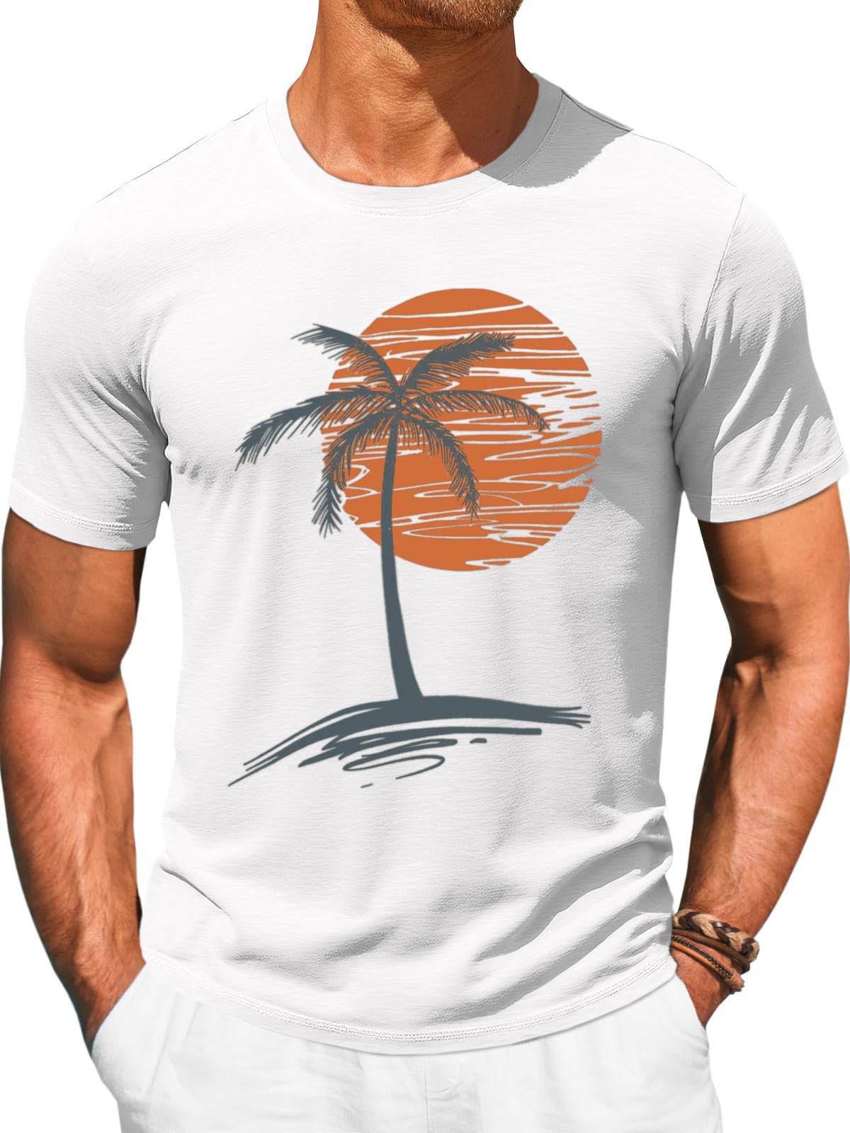 Runcati Mens Short Sleeve T-Shirts Crew Neck Casual Shirt Summer Beach Palm Tree Vintage Hawaiian Tees