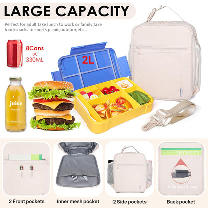 NOL Nylon Waterproof Kids Lunch Bag, Insulated Lunch Bag, Lunch box Cooler, Reusable, Zip Closure with Buckle Handle Holds Lunch Box, Snacks & Water Bottle for School Work, Cream