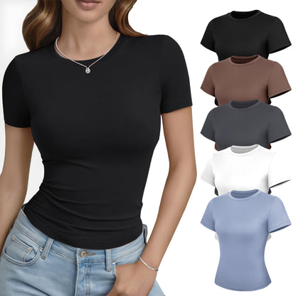 GAYHAY 3 Pack Basic Tees for Women - Crew Neck Slim Fit Tight T Shirts Cute Y2K Trendy Crop Tops Clothes for Casual Summer