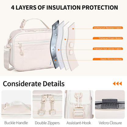 NOL Nylon Waterproof Kids Lunch Bag, Insulated Lunch Bag, Lunch box Cooler, Reusable, Zip Closure with Buckle Handle Holds Lunch Box, Snacks & Water Bottle for School Work, Cream