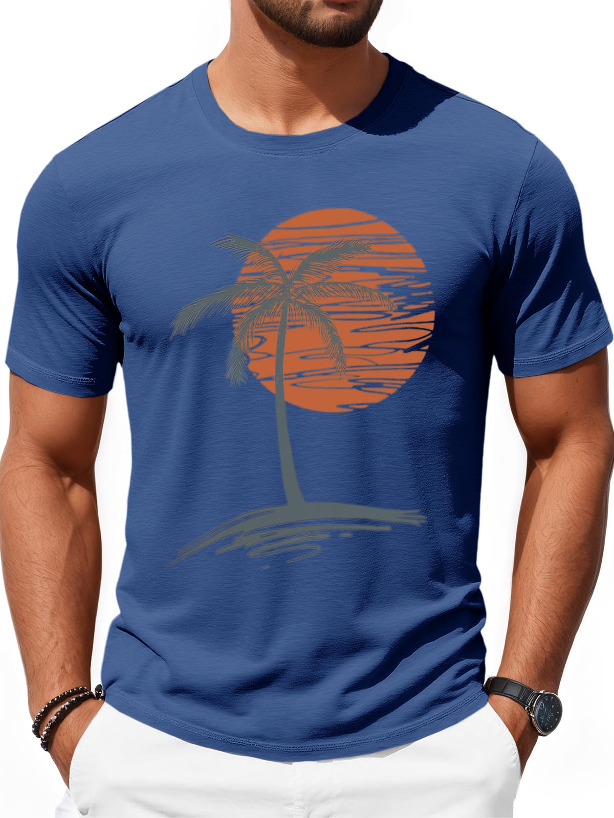 Runcati Mens Short Sleeve T-Shirts Crew Neck Casual Shirt Summer Beach Palm Tree Vintage Hawaiian Tees