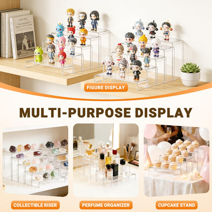 FUNFERY Acrylic Display Risers,2 Sets(7.8" L~8.2" L~8.6" L) Display Stand Shelf for Figure,Collectibles,Cupcake,Clear Acrylic Risers for Displays Case Cabinet,Dessert Table,Shelf Riser for Decor,Food