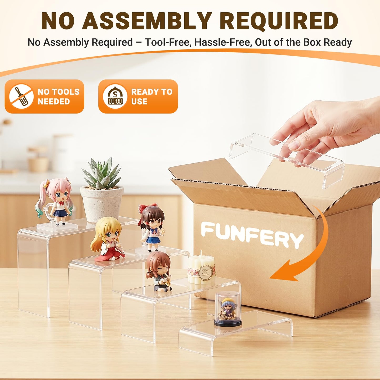 FUNFERY Acrylic Display Risers,2 Sets(7.8" L~8.2" L~8.6" L) Display Stand Shelf for Figure,Collectibles,Cupcake,Clear Acrylic Risers for Displays Case Cabinet,Dessert Table,Shelf Riser for Decor,Food