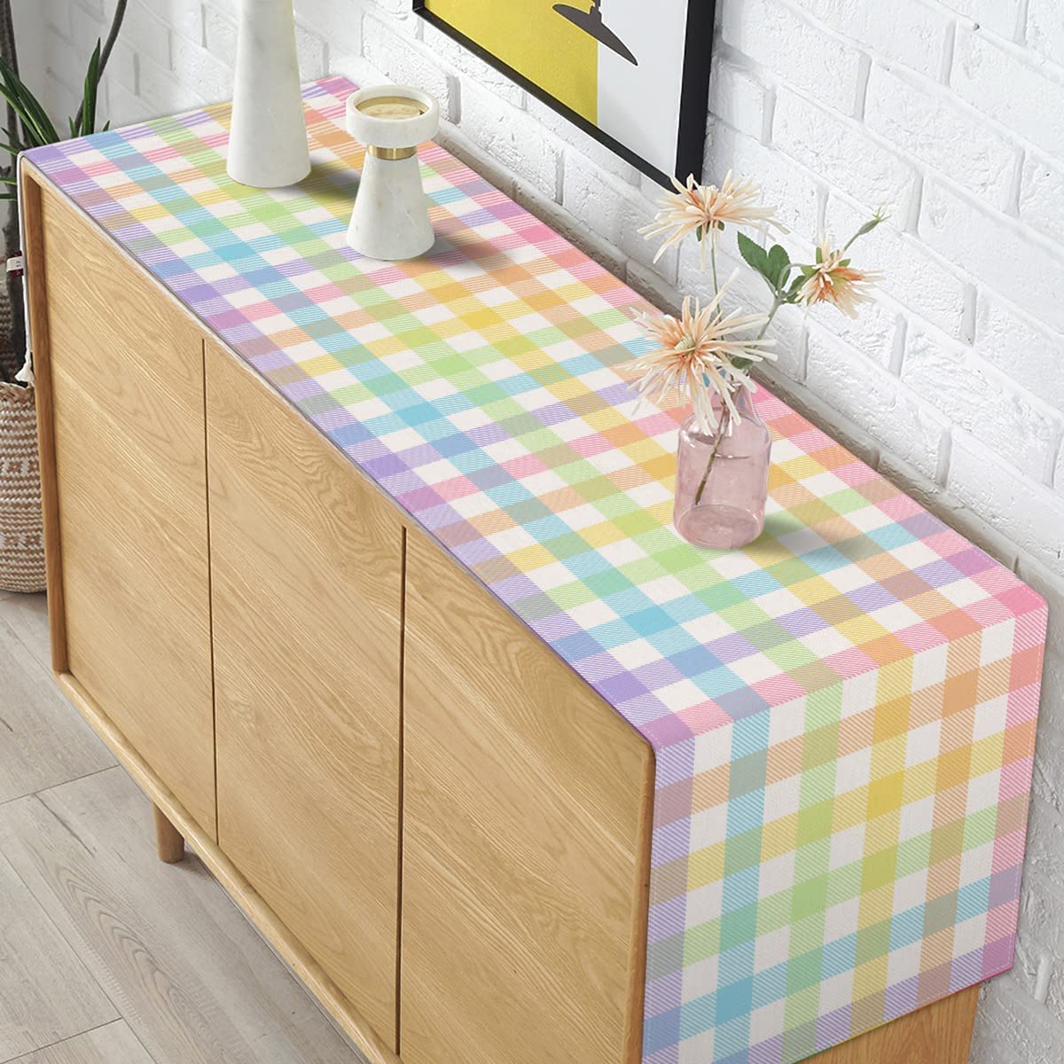 Pudodo Easter Buffalo Plaid Check Table Runner Spring Holiday Farmhouse Fireplace Kitchen Dining Room Home Party Decoration (13" x 72")