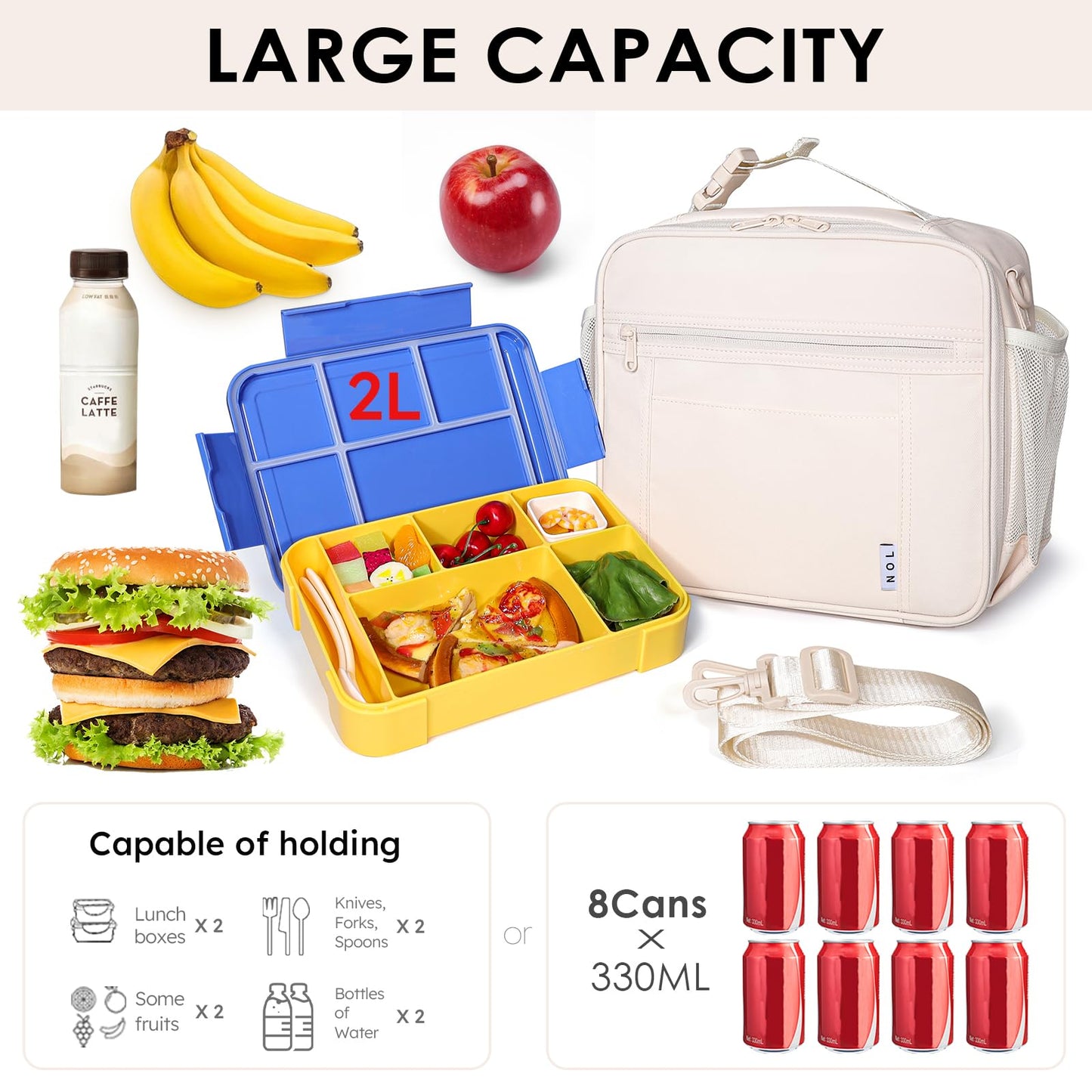 NOL Nylon Waterproof Kids Lunch Bag, Insulated Lunch Bag, Lunch box Cooler, Reusable, Zip Closure with Buckle Handle Holds Lunch Box, Snacks & Water Bottle for School Work, Cream