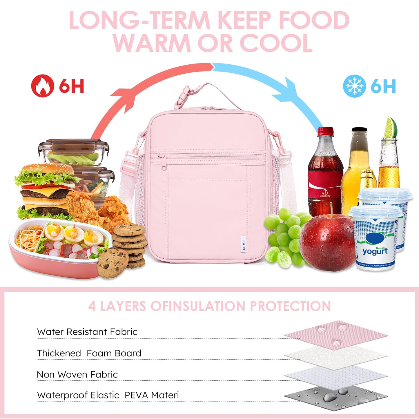 NOL Nylon Waterproof Kids Lunch Bag, Insulated Lunch Bag, Lunch box Cooler, Reusable, Zip Closure with Buckle Handle Holds Lunch Box, Snacks & Water Bottle for School Work, Cream