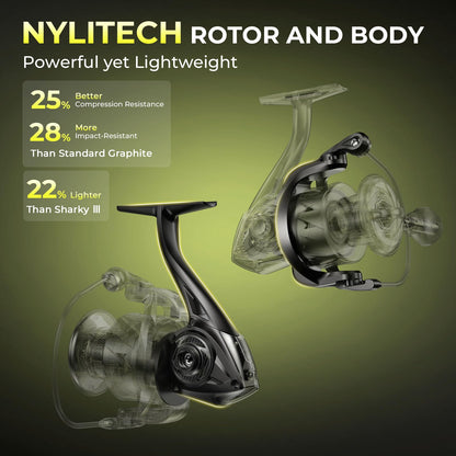 KastKing Sharky Spinning Reel – 5.2:1 & 6.2:1 Gear Ratios, Carbon Fiber Drag 33–39.5LB, 10+1 Stainless Bearings, Lightweight Nylitech Body, Oversize Shaft, for Saltwater & Freshwater