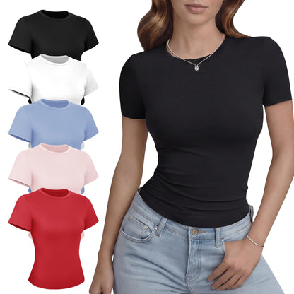 GAYHAY 3 Pack Basic Tees for Women - Crew Neck Slim Fit Tight T Shirts Cute Y2K Trendy Crop Tops Clothes for Casual Summer
