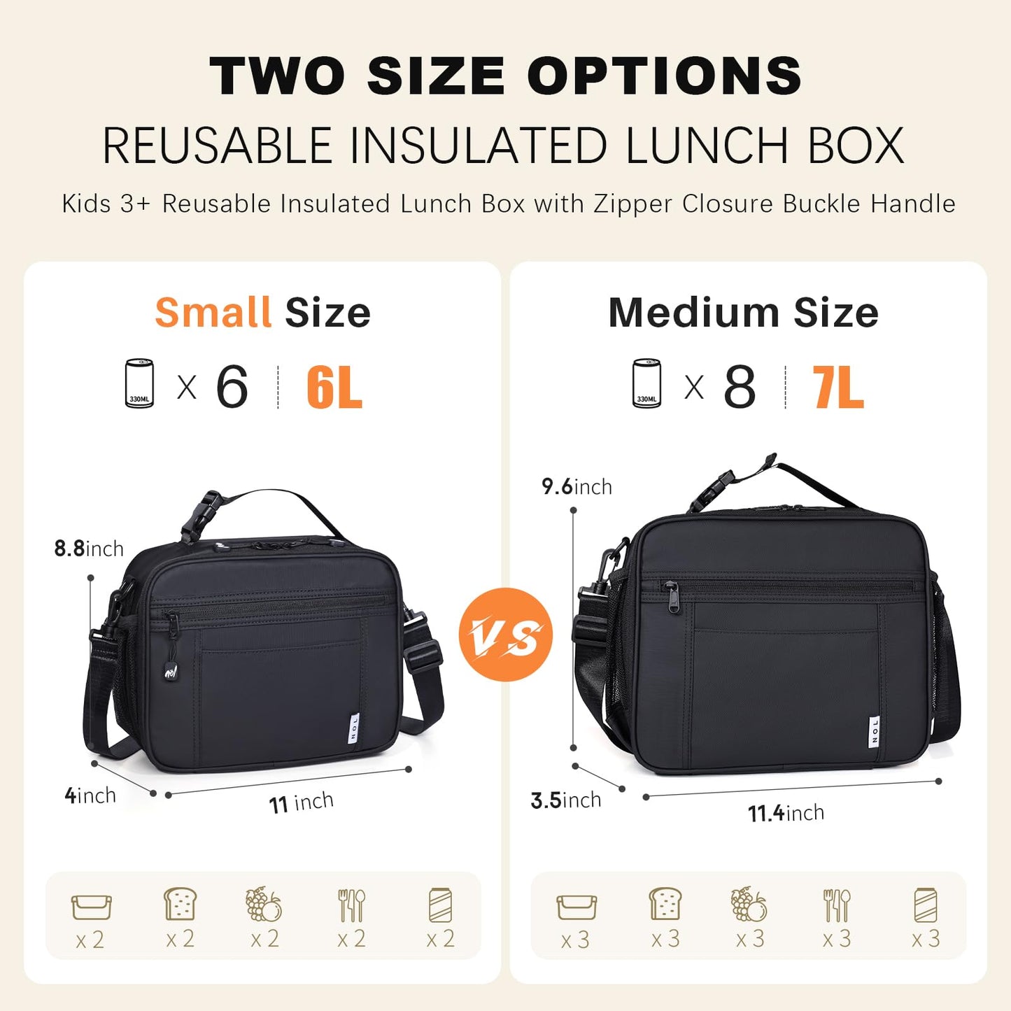 NOL Nylon Waterproof Kids Lunch Bag, Insulated Lunch Bag, Lunch box Cooler, Reusable, Zip Closure with Buckle Handle Holds Lunch Box, Snacks & Water Bottle for School Work, Cream