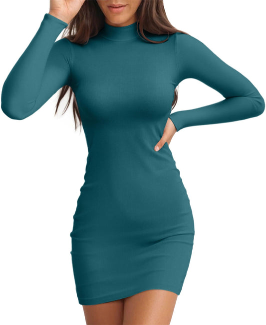 Valiamcep Women's Long Sleeve Dress Mock Neck Basic Ribbed Slim Fit Bodycon Mini Pencil Dresses