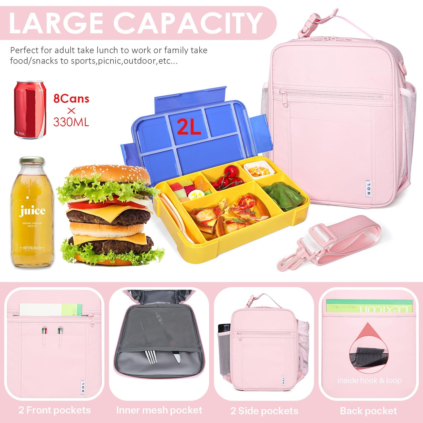 NOL Nylon Waterproof Kids Lunch Bag, Insulated Lunch Bag, Lunch box Cooler, Reusable, Zip Closure with Buckle Handle Holds Lunch Box, Snacks & Water Bottle for School Work, Cream
