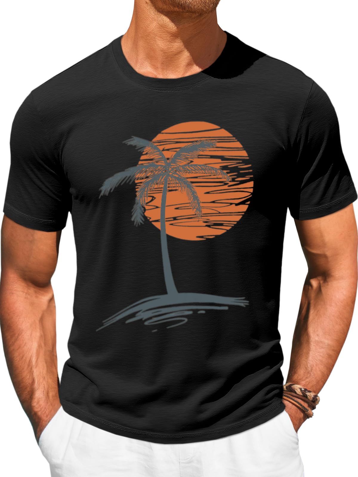 Runcati Mens Short Sleeve T-Shirts Crew Neck Casual Shirt Summer Beach Palm Tree Vintage Hawaiian Tees