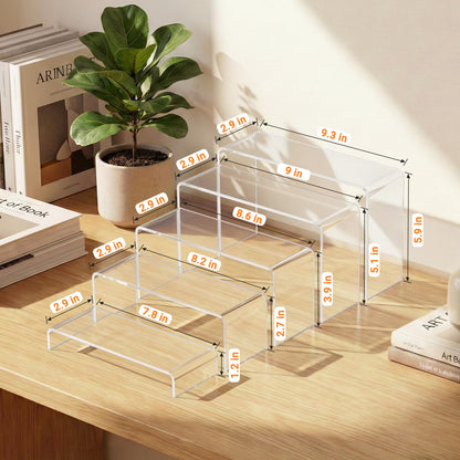 FUNFERY Acrylic Display Risers,2 Sets(7.8" L~8.2" L~8.6" L) Display Stand Shelf for Figure,Collectibles,Cupcake,Clear Acrylic Risers for Displays Case Cabinet,Dessert Table,Shelf Riser for Decor,Food