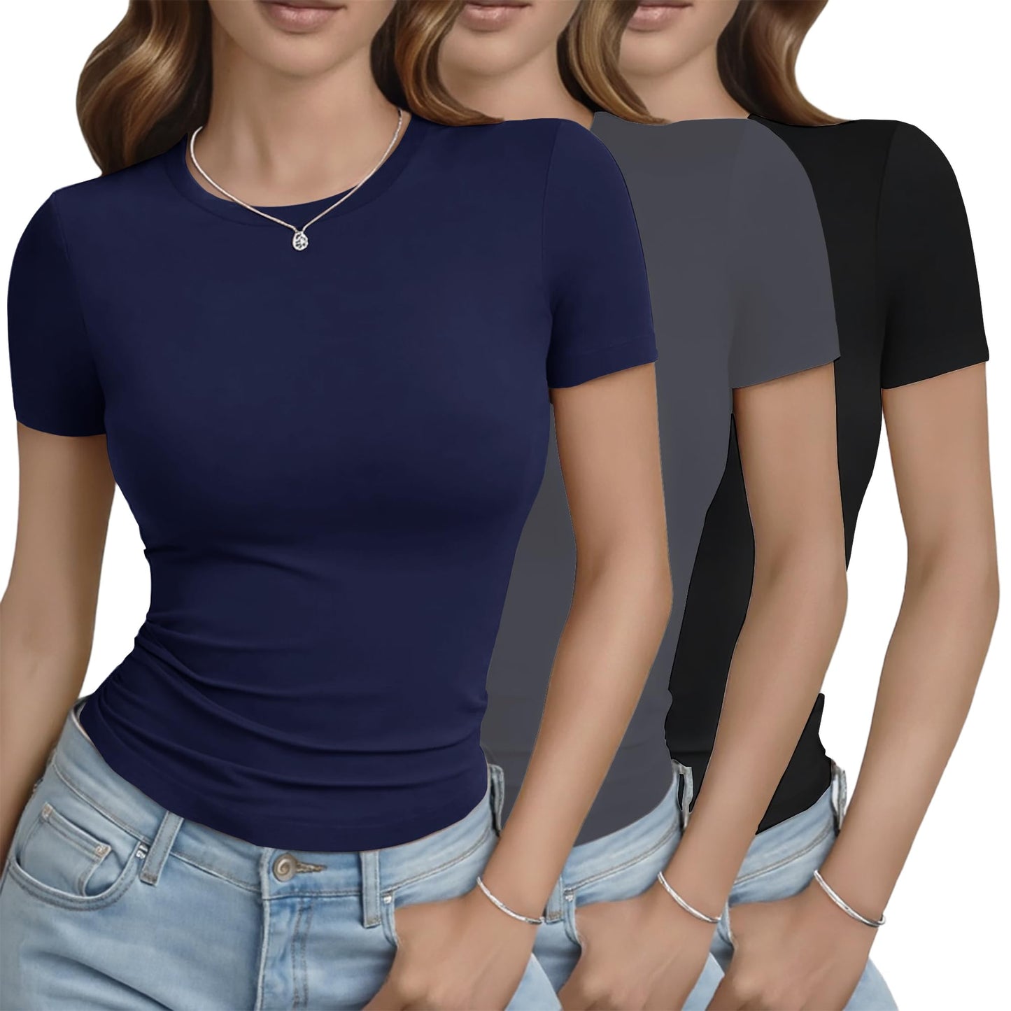 GAYHAY 3 Pack Basic Tees for Women - Crew Neck Slim Fit Tight T Shirts Cute Y2K Trendy Crop Tops Clothes for Casual Summer