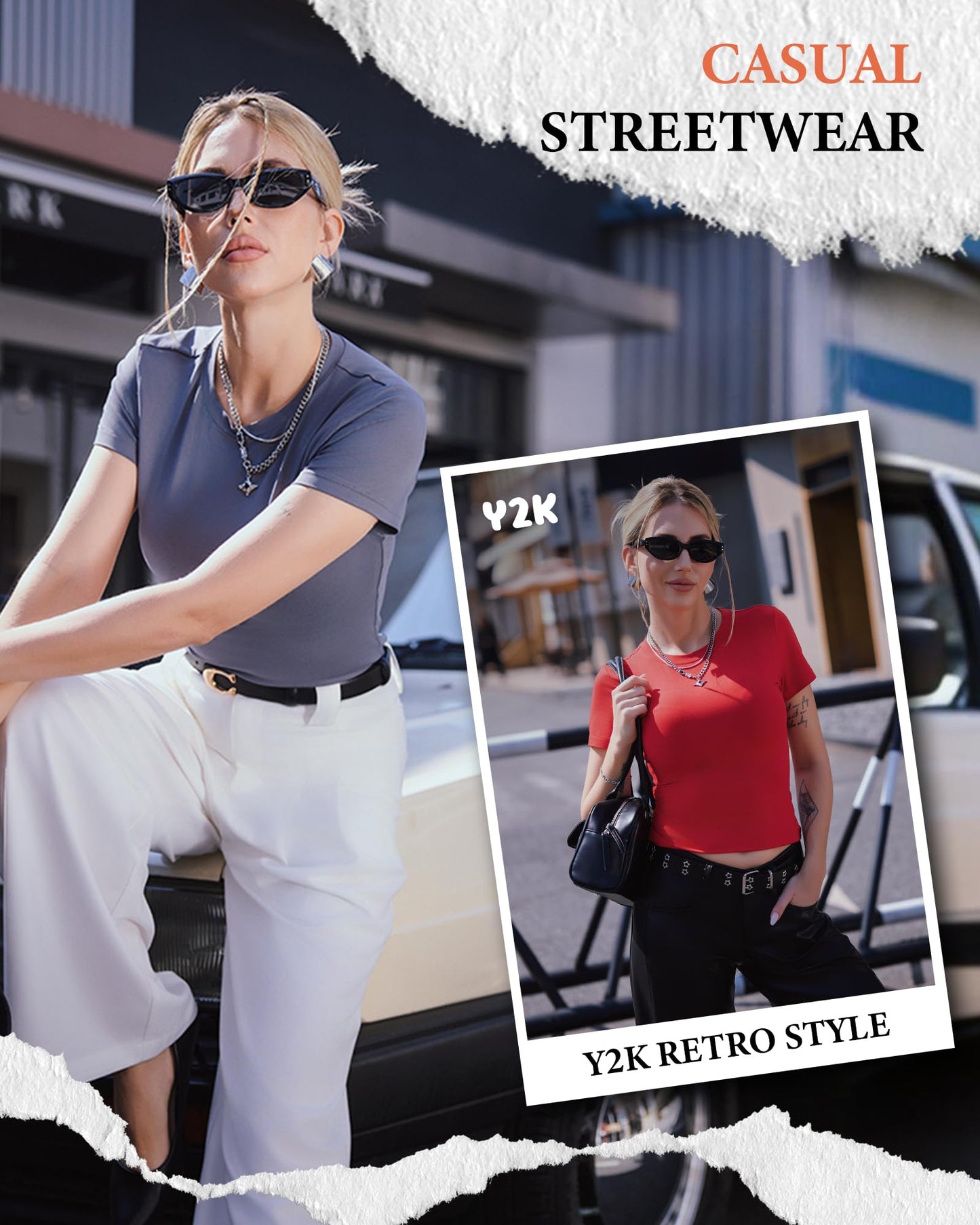 GAYHAY 3 Pack Basic Tees for Women - Crew Neck Slim Fit Tight T Shirts Cute Y2K Trendy Crop Tops Clothes for Casual Summer
