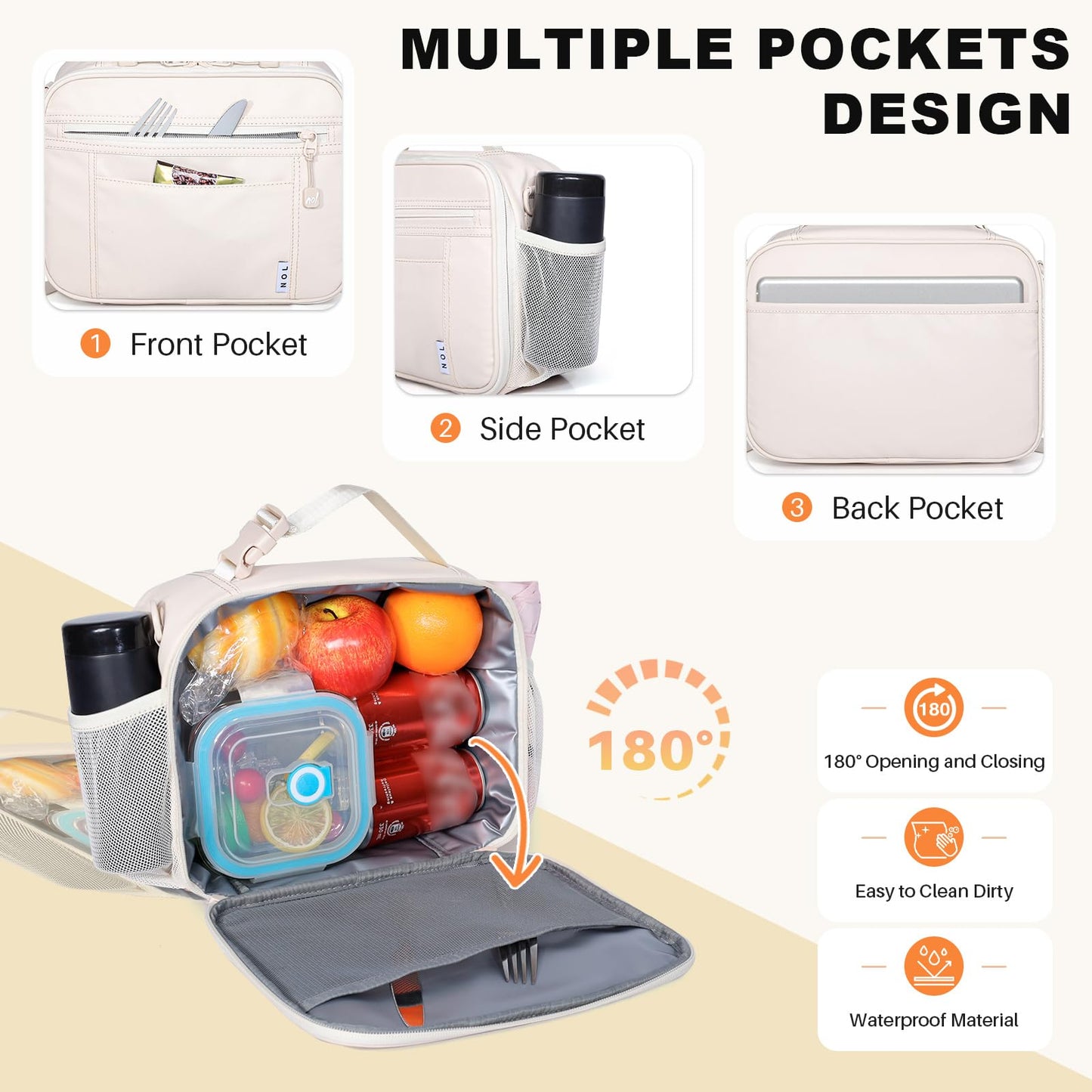 NOL Nylon Waterproof Kids Lunch Bag, Insulated Lunch Bag, Lunch box Cooler, Reusable, Zip Closure with Buckle Handle Holds Lunch Box, Snacks & Water Bottle for School Work, Cream
