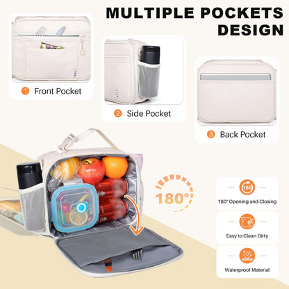 NOL Nylon Waterproof Kids Lunch Bag, Insulated Lunch Bag, Lunch box Cooler, Reusable, Zip Closure with Buckle Handle Holds Lunch Box, Snacks & Water Bottle for School Work, Cream
