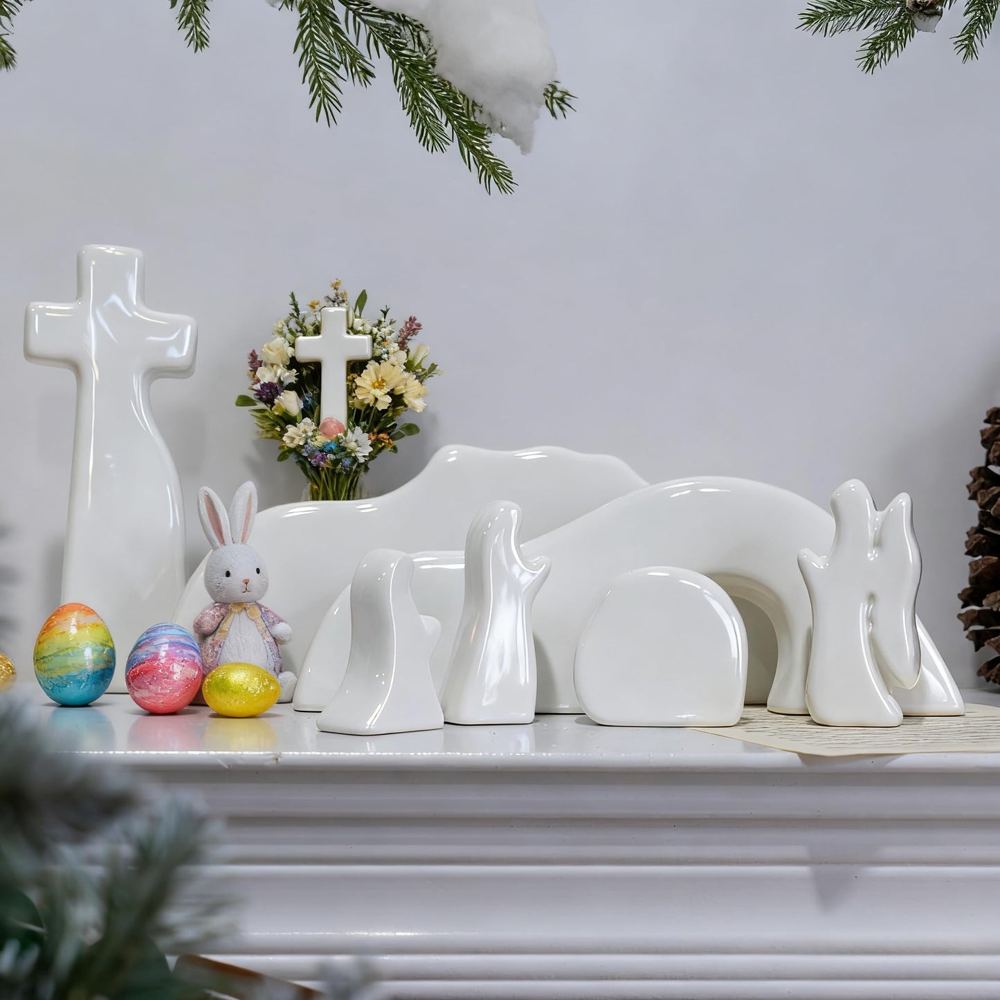 NEROSUN Empty Tomb Easter Scene and Cross Decoration, Wooden Easter Resurrection Scene Cross Jesus Tomb Tray Set, Jesus Nativity Scene Decor for Religious Home Office Tabletop Christian Gifts