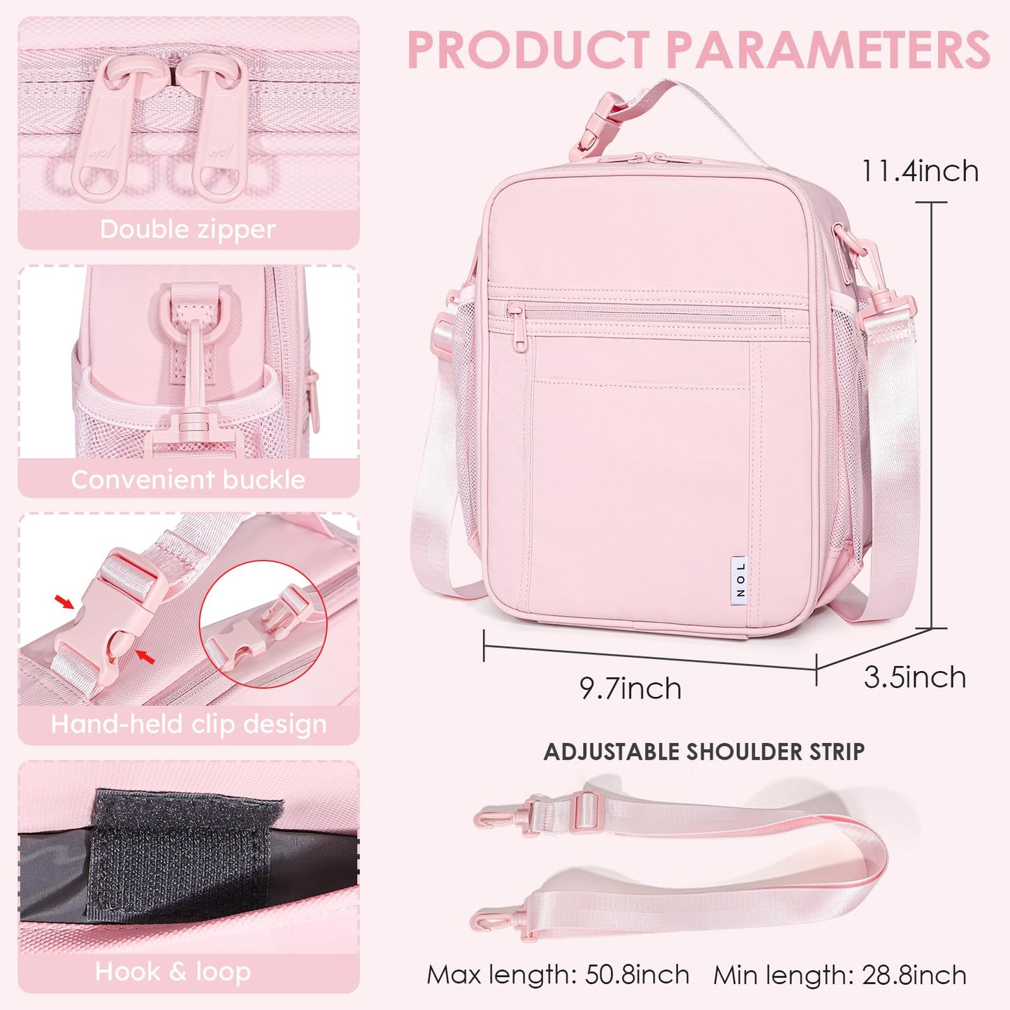 NOL Nylon Waterproof Kids Lunch Bag, Insulated Lunch Bag, Lunch box Cooler, Reusable, Zip Closure with Buckle Handle Holds Lunch Box, Snacks & Water Bottle for School Work, Cream