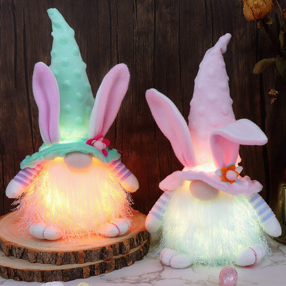Juegoal 2 Pack Lighted Bunny Easter Gnome, 11" Handmade Scandinavian Swedish Tomte, Light Up Elf Easter Present, Battery Operated Rabbit Gifts Spring Tabletop Holiday Decorations
