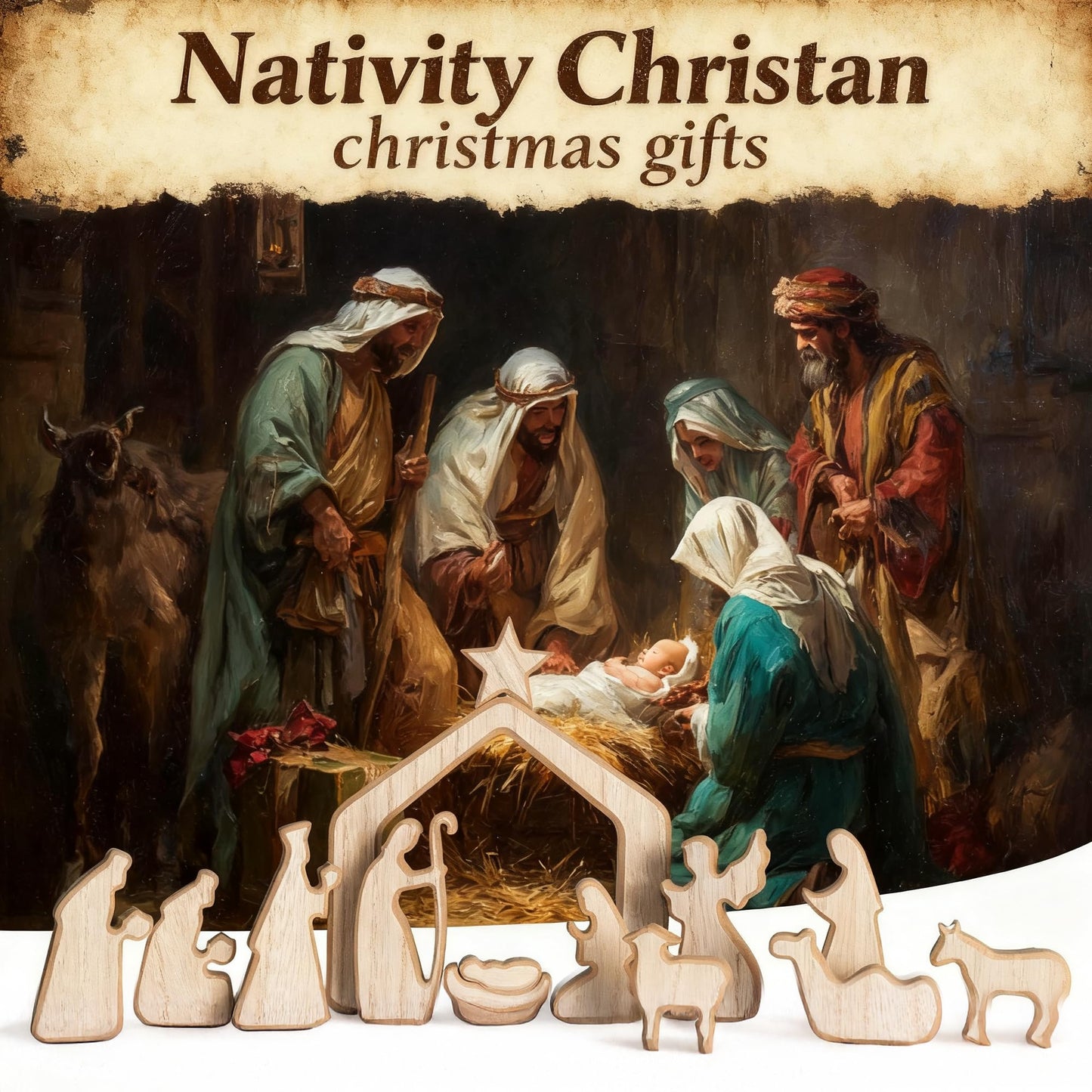 NEROSUN Empty Tomb Easter Scene and Cross Decoration, Wooden Easter Resurrection Scene Cross Jesus Tomb Tray Set, Jesus Nativity Scene Decor for Religious Home Office Tabletop Christian Gifts