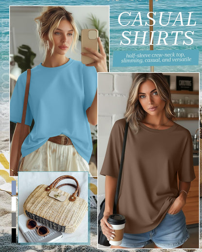 4 Pack Women's Half Sleeve T Shirts 1/2 Sleeve Basic Crew Neck Tops Elbow Length Casual Loose Fit Summer Tees