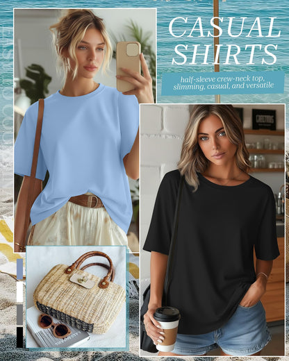4 Pack Women's Half Sleeve T Shirts 1/2 Sleeve Basic Crew Neck Tops Elbow Length Casual Loose Fit Summer Tees