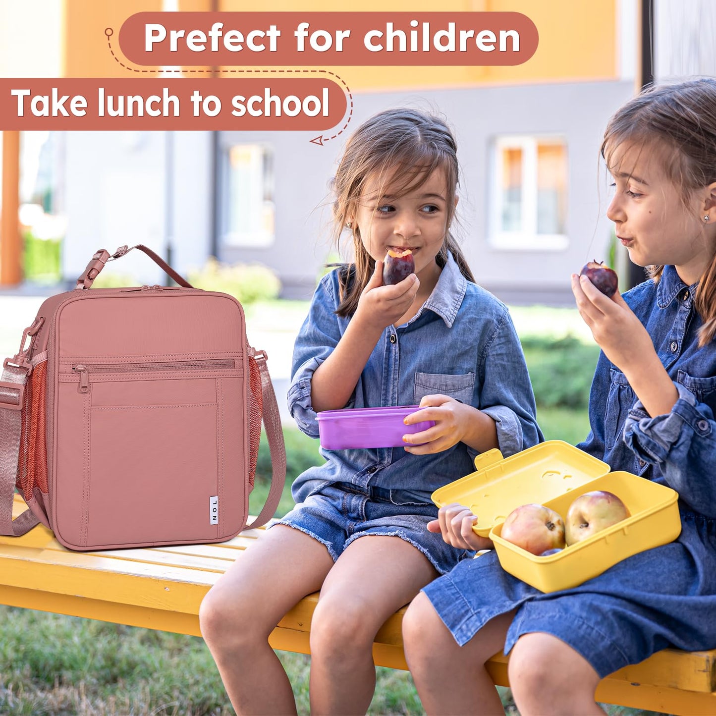 NOL Nylon Waterproof Kids Lunch Bag, Insulated Lunch Bag, Lunch box Cooler, Reusable, Zip Closure with Buckle Handle Holds Lunch Box, Snacks & Water Bottle for School Work, Cream